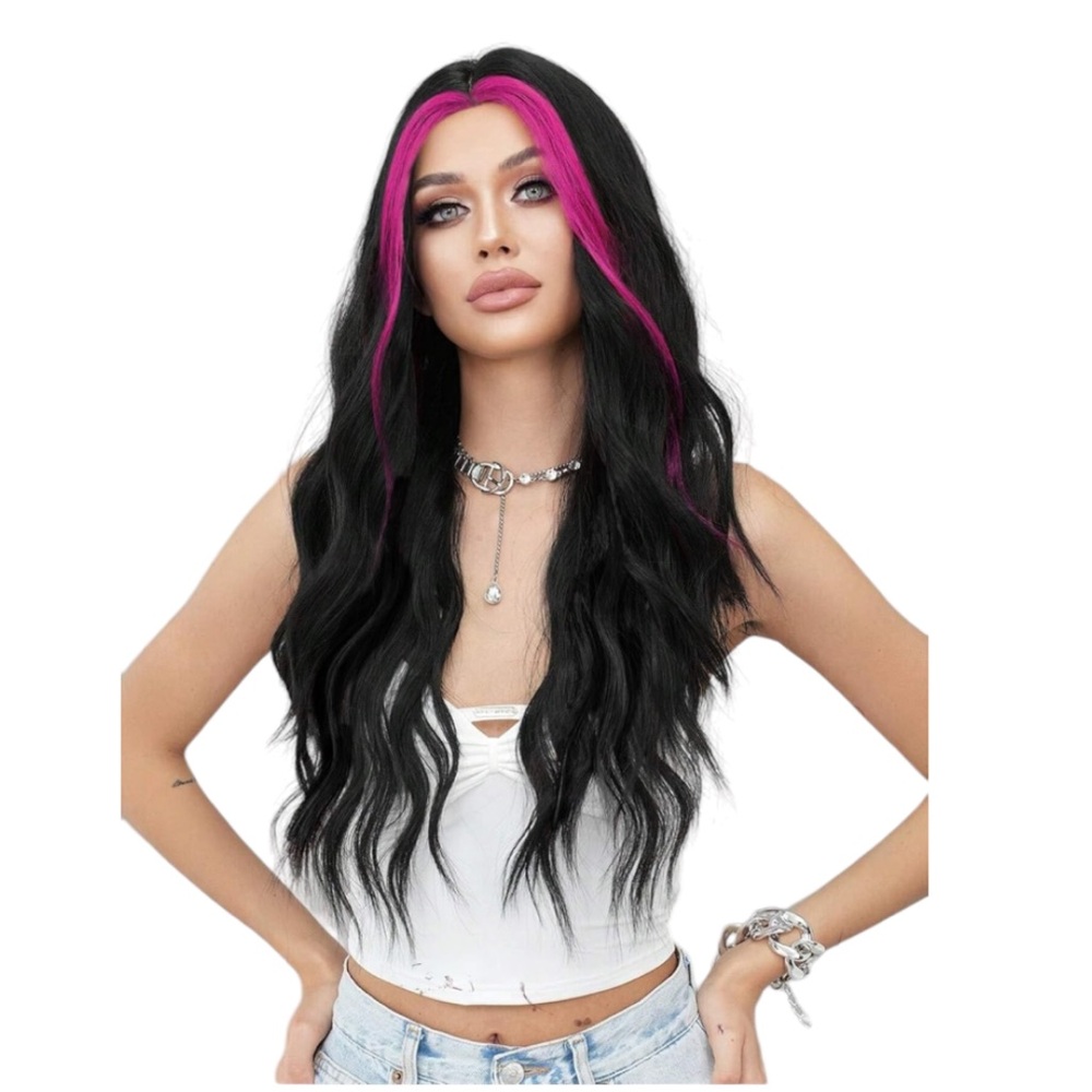 NEW! Long Black Wig Hot Pink Highlights Synthetic Lace Front Wavy Middle Part
